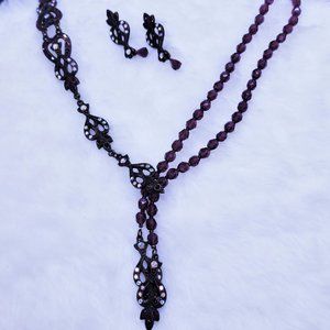 Sweet Romance  purple bead and rhinestone necklace and pierced earrings